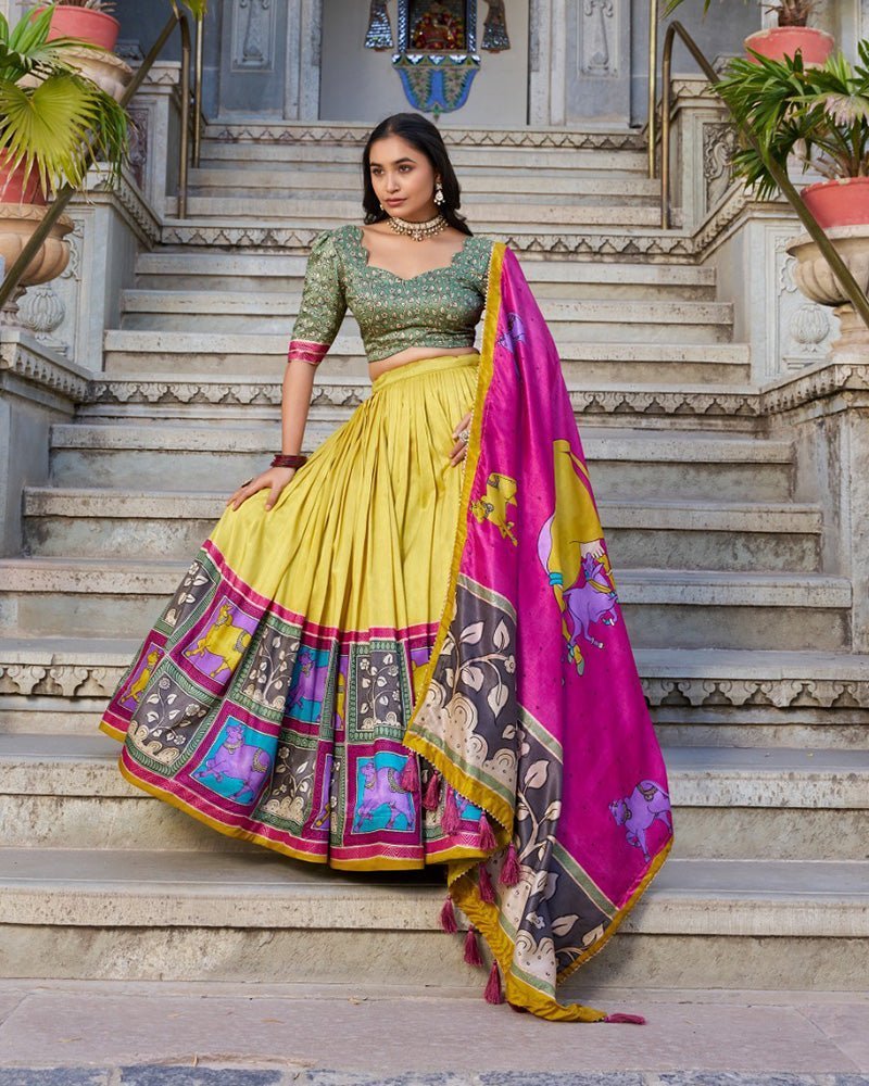 Mustard Color Tussar Silk Kalamkari Printed Lehenga Choli - Photo 1