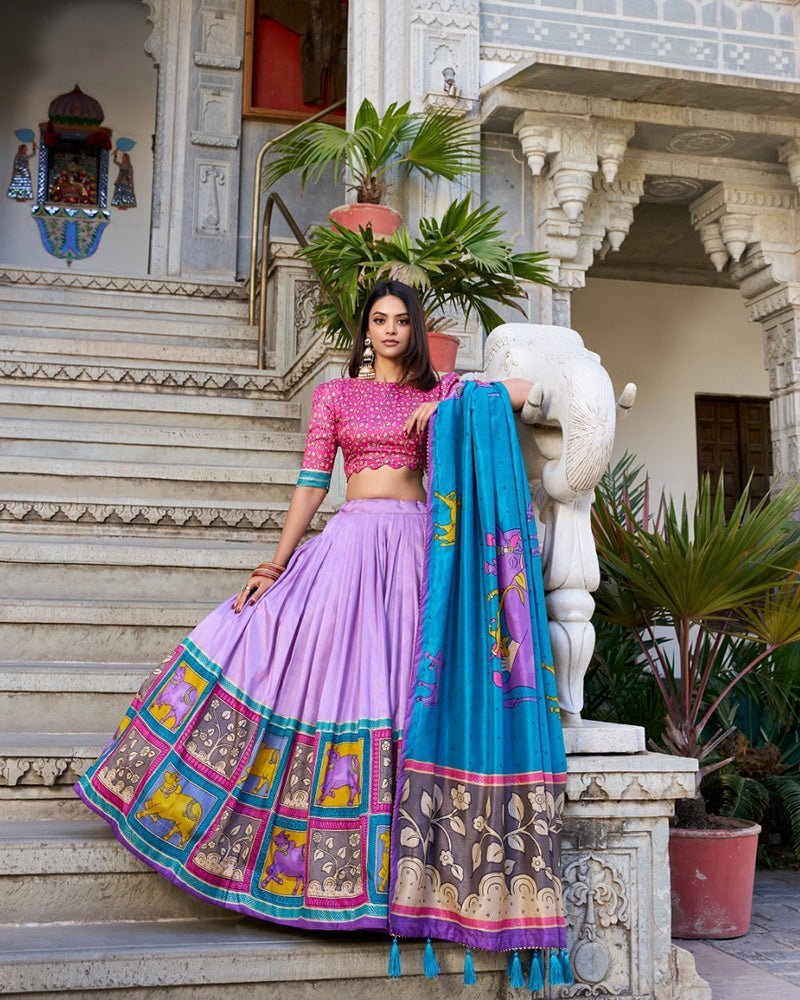 Lavender Color Tussar Silk Kalamkari Printed Lehenga Choli - Photo 1