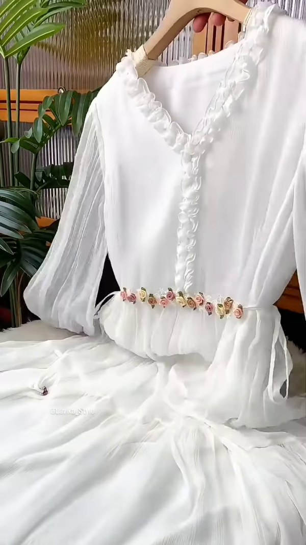 3209-1.png Ethereal White Ruffled Maxi Dress with Floral Embellishments