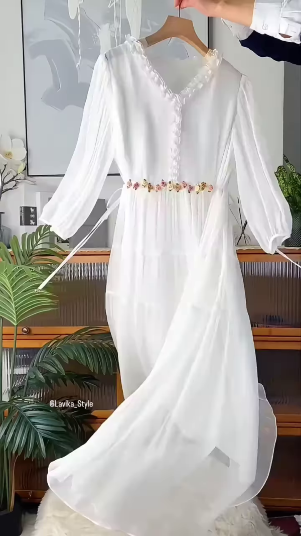 3209-2.png Ethereal White Ruffled Maxi Dress with Floral Embellishments