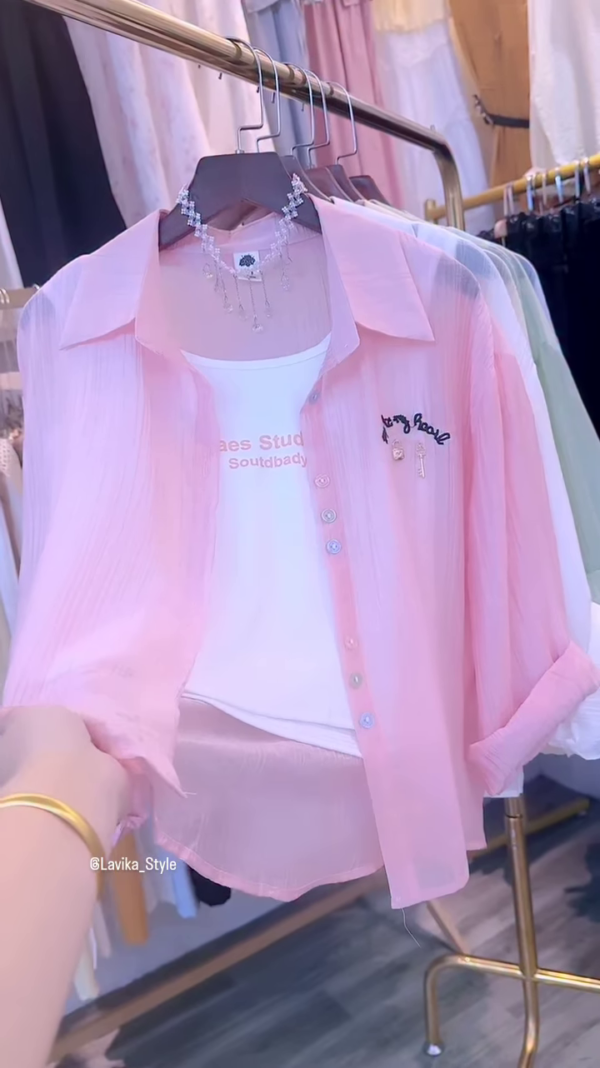 3211-2.png Effortless Pink Sheer Button-Down Shirt Set