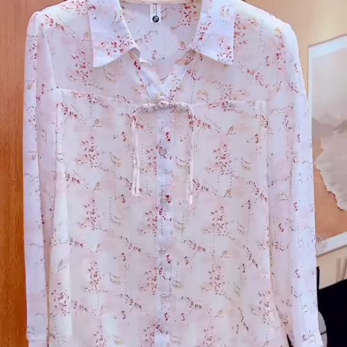 3221-1.png Delicate Floral Sheer Blouse with Front Tie Detail