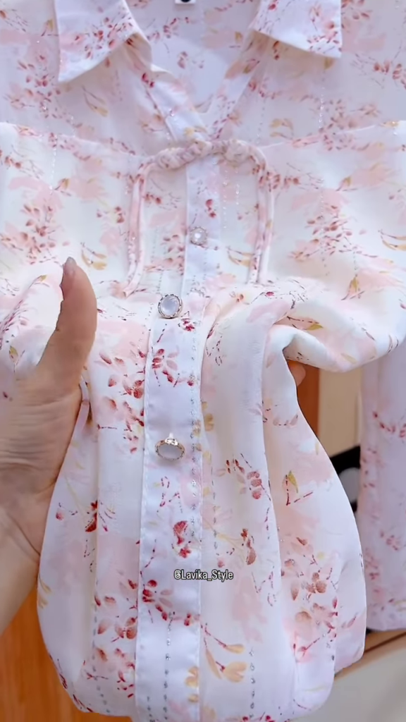 Delicate Floral Sheer Blouse with Front Tie Detail - Photo 3