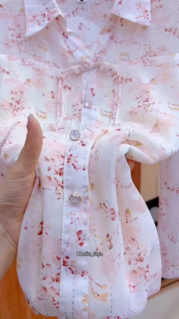 Delicate Floral Sheer Blouse with Front Tie Detail