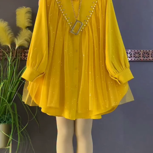 3222-2.png Stylish Yellow Tunic with Pearl and Pleated Details