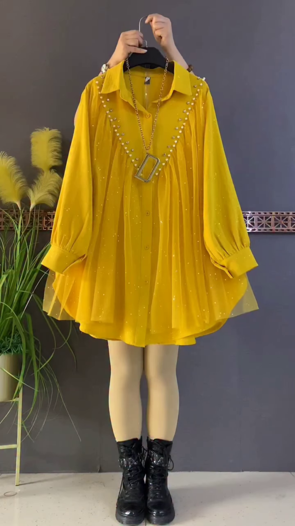 3222-2.png Stylish Yellow Tunic with Pearl and Pleated Details