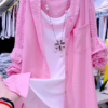 3224-2.png Pastel Pink Overshirt with Lace and Pearl Necklace