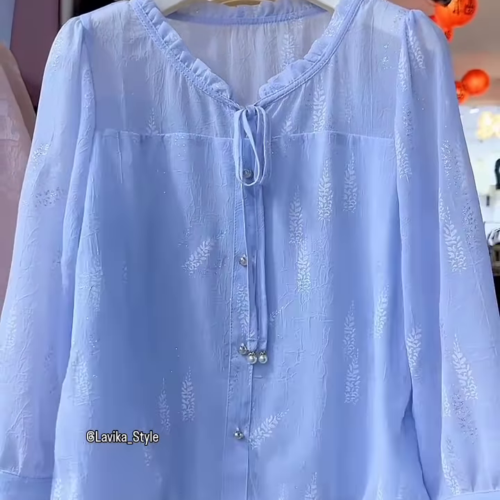 3225-1.png Light Blue Sheer Blouse with Leaf Pattern and Pearl Buttons