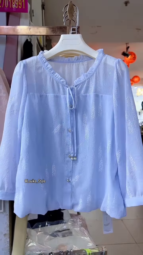 3225-1.png Light Blue Sheer Blouse with Leaf Pattern and Pearl Buttons