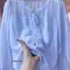 3225-2.png Light Blue Sheer Blouse with Leaf Pattern and Pearl Buttons