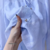 3225-3.png Light Blue Sheer Blouse with Leaf Pattern and Pearl Buttons