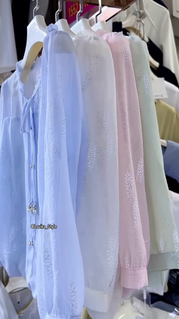 3225-6.png Light Blue Sheer Blouse with Leaf Pattern and Pearl Buttons