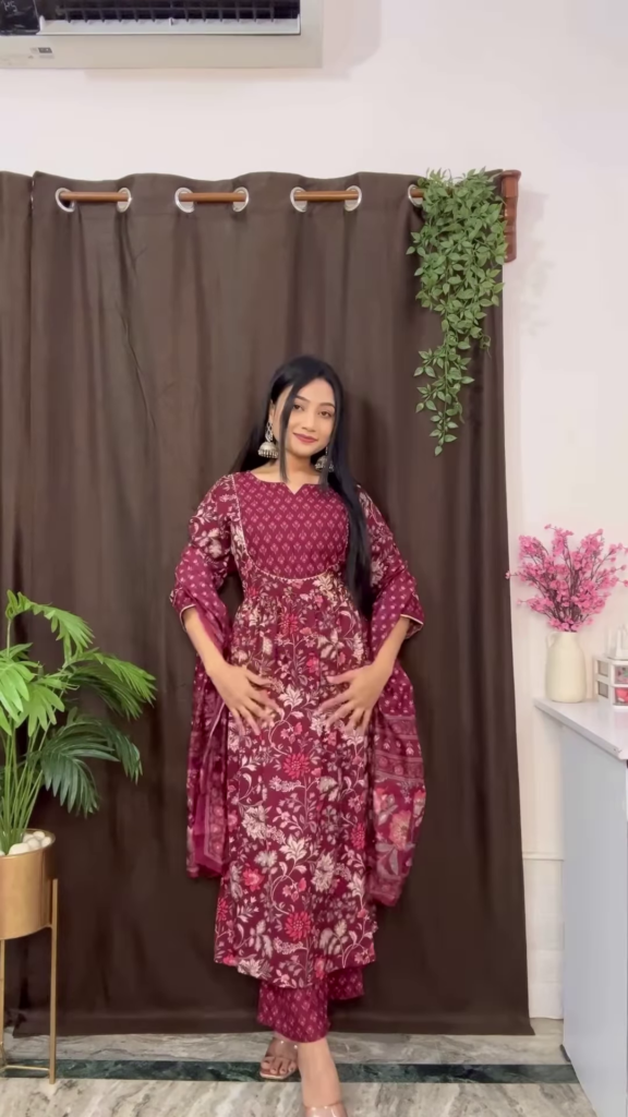Rich Maroon Floral Ethnic Set with Flared Sleeves - Photo 8