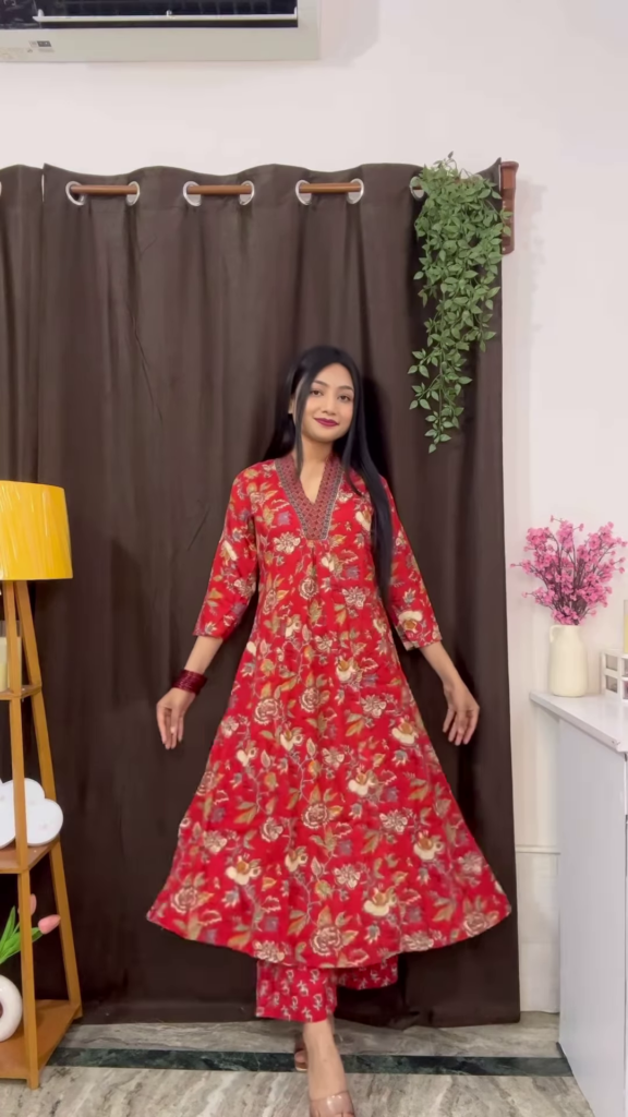 Rich Maroon Floral Ethnic Set with Flared Sleeves - Photo 3