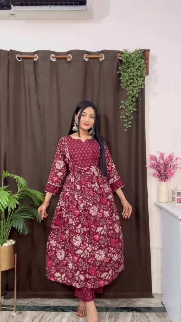 Rich Maroon Floral Ethnic Set with Flared Sleeves - Photo 2