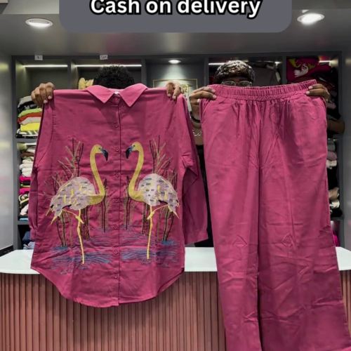 3231-1.png Hot Pink Flamingo Embroidered Two-Piece Set
