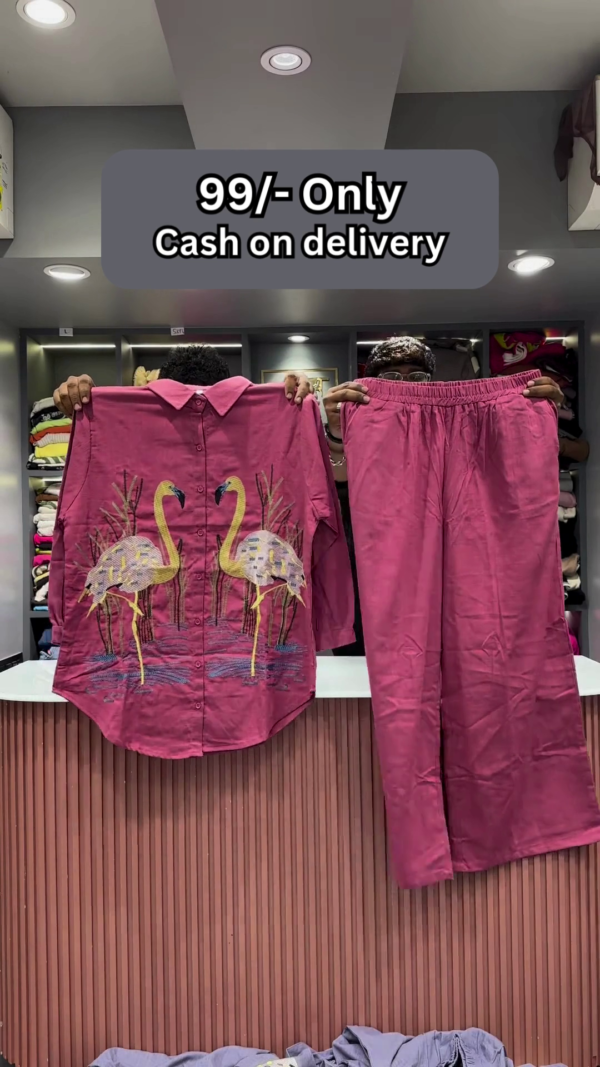 3231-1.png Hot Pink Flamingo Embroidered Two-Piece Set