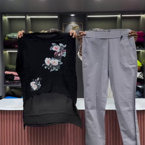 3234-1.png Black Open-Knit Top with Floral Appliqués and Gray Pants