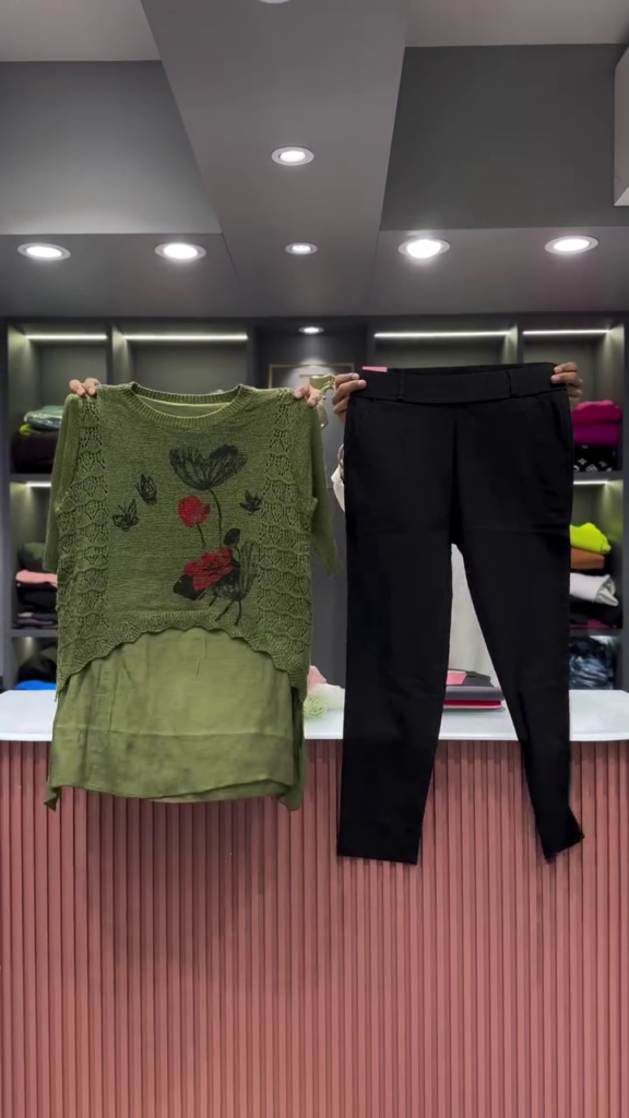 Black Open-Knit Top with Floral Appliqués and Gray Pants - Photo 5