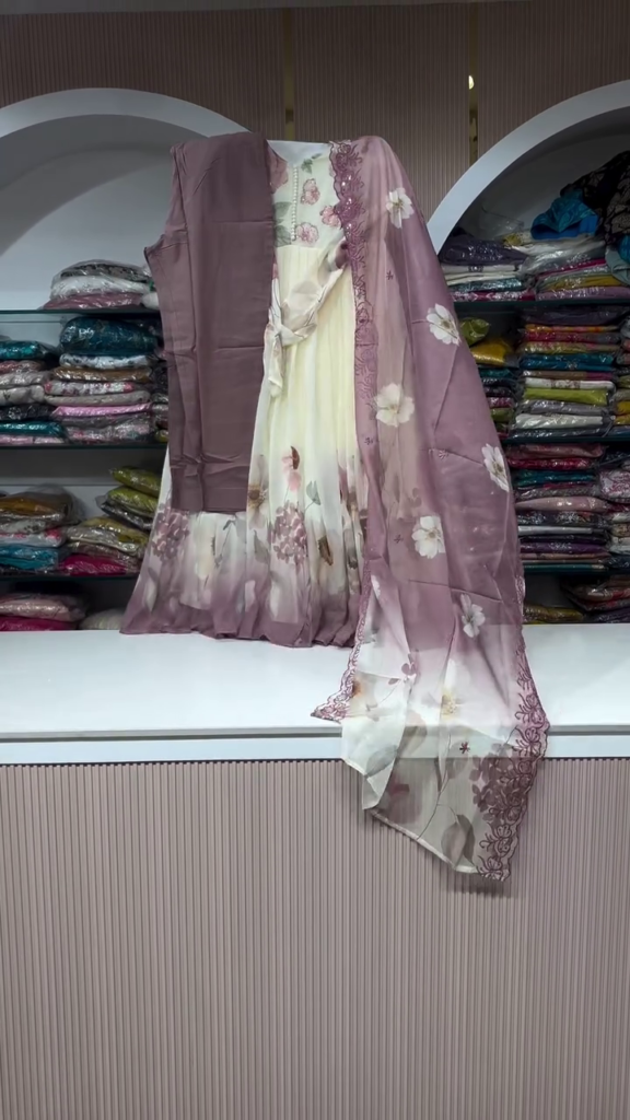 Elegant Mauve and Floral Printed Three-Piece Ensemble - Photo 1