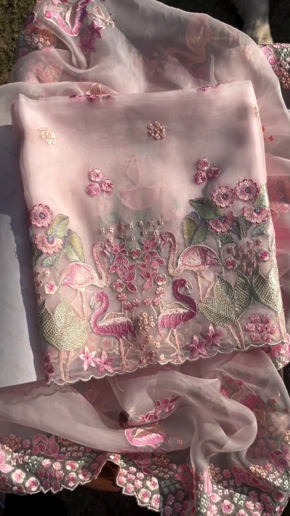 Exquisite Dusty Rose Sheer Fabric with Flamingo Embroidery - Photo 4