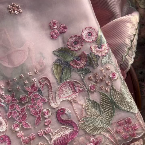 3238-3.png Exquisite Dusty Rose Sheer Fabric with Flamingo Embroidery