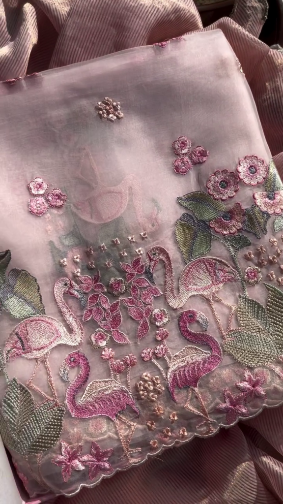 Exquisite Dusty Rose Sheer Fabric with Flamingo Embroidery - Photo 2