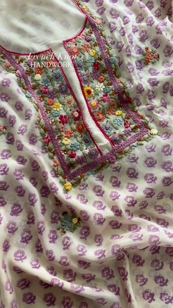 Handcrafted Floral Embroidered Kurta with French Knot Work - Photo 4