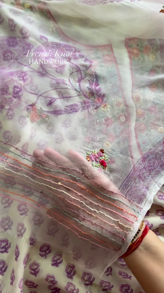 Handcrafted Floral Embroidered Kurta with French Knot Work - Photo 3
