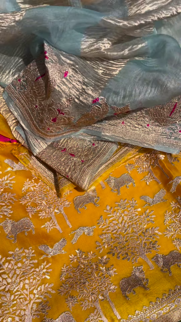 Golden Yellow Fabric with Woven Forest and Animal Motifs - Photo 4