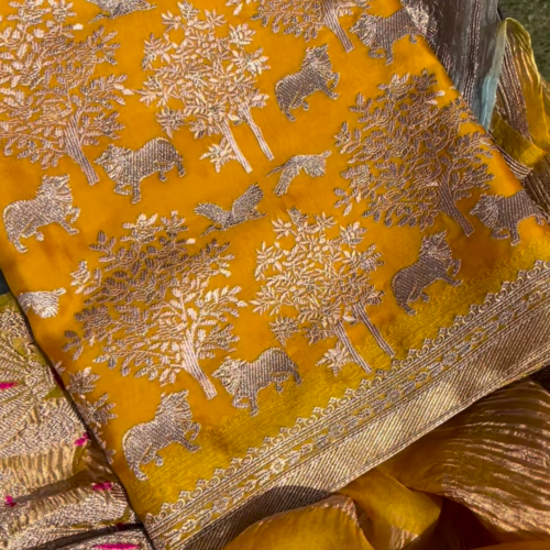 3240-2.png Golden Yellow Fabric with Woven Forest and Animal Motifs