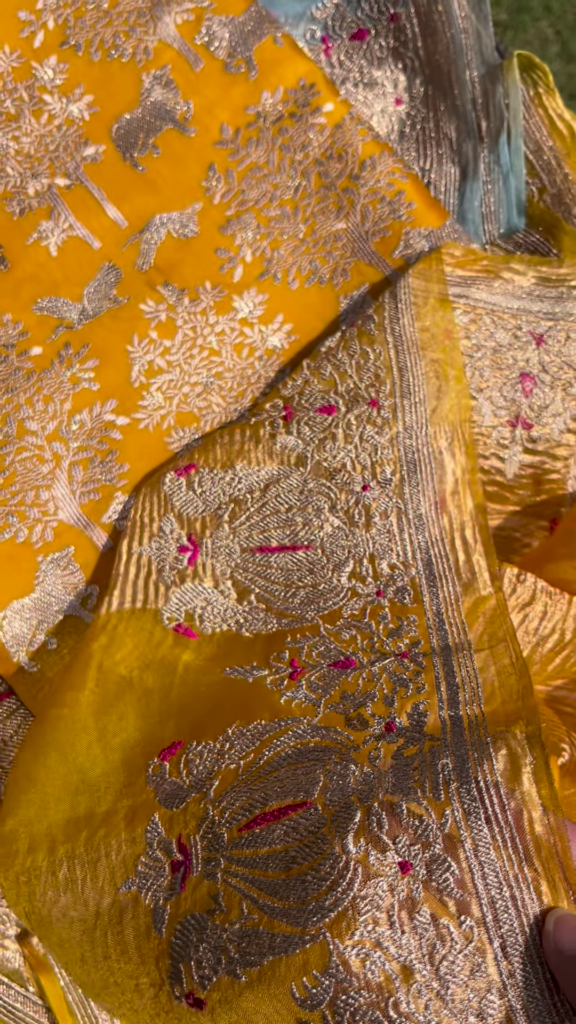 Golden Yellow Fabric with Woven Forest and Animal Motifs - Photo 3