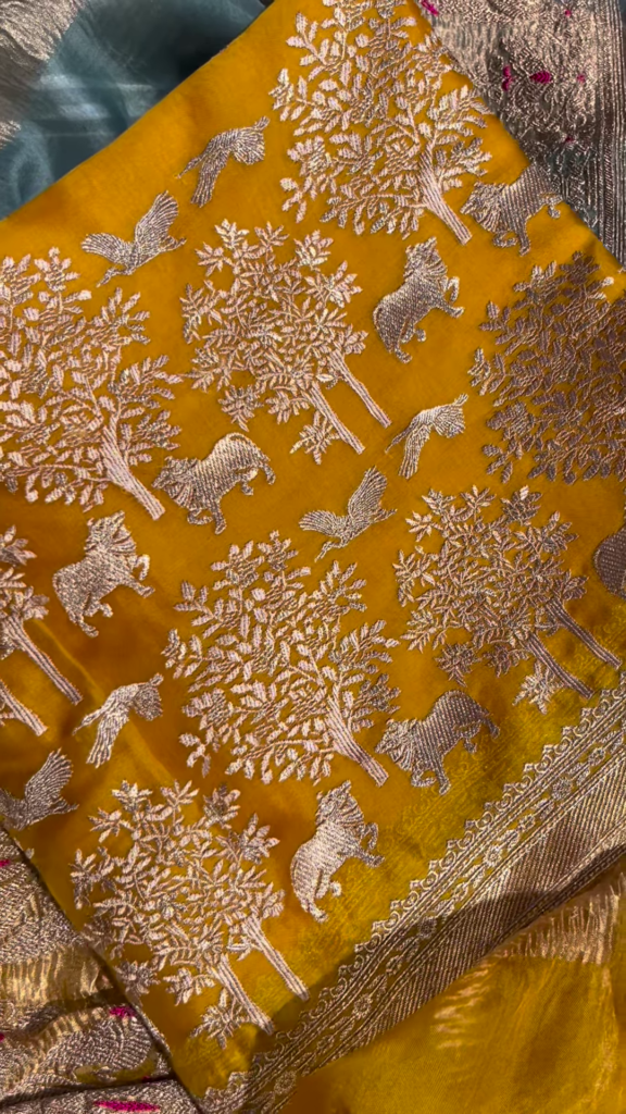 Golden Yellow Fabric with Woven Forest and Animal Motifs - Photo 2