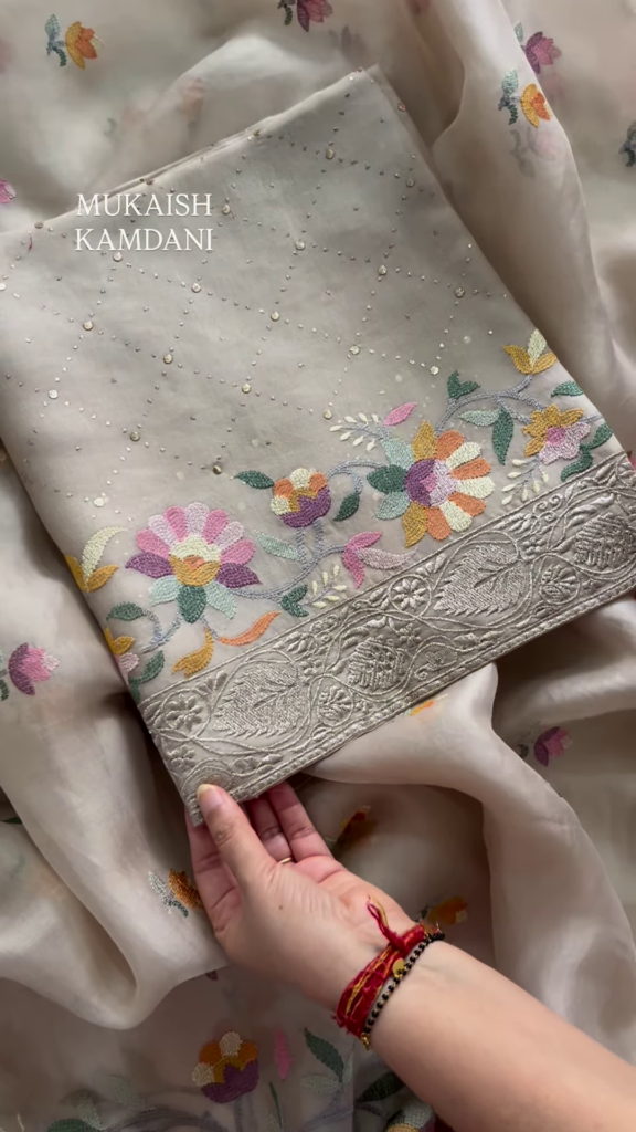 Sheer Fabric with 3D Floral Applique and Embroidery - Photo 5