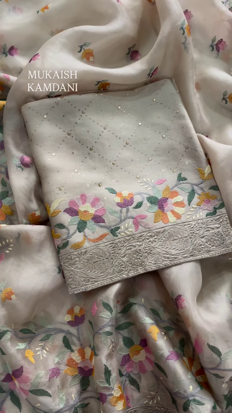 Sheer Fabric with 3D Floral Applique and Embroidery