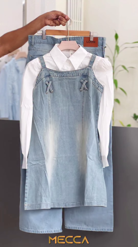 Classic Denim Pinafore Dress with Crisp White Shirt Set - Photo 1