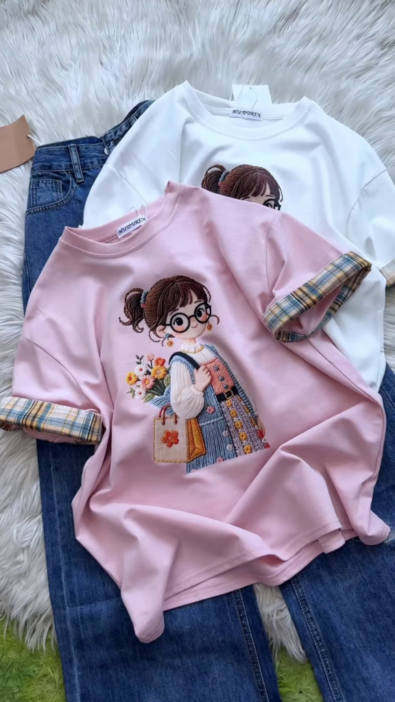 Embroidered Girl-Graphic Crew-Neck T-Shirt Collection - Photo 1
