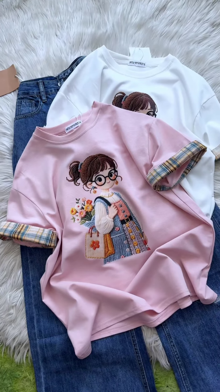 Embroidered Girl-Graphic Crew-Neck T-Shirt Collection