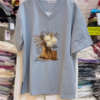 3310-1.png Floral Appliqué V-Neck T-Shirt with Plaid Cuffed Sleeves