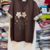 3310-3.png Floral Appliqué V-Neck T-Shirt with Plaid Cuffed Sleeves