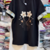 3310-4.png Floral Appliqué V-Neck T-Shirt with Plaid Cuffed Sleeves