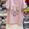 3310-6.png Floral Appliqué V-Neck T-Shirt with Plaid Cuffed Sleeves