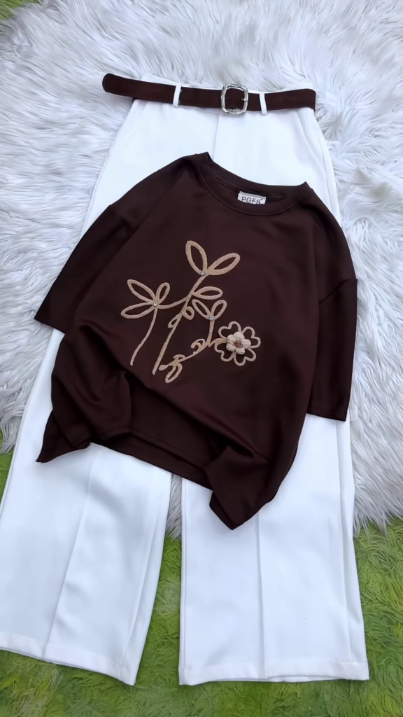 Sophisticated Embroidered Tee and Trouser Ensemble - Photo 1