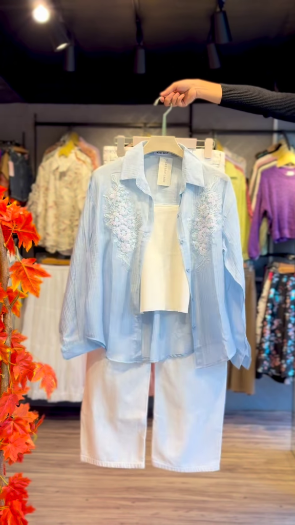 Embroidered Pastel Shirt and White Trouser Co-ord Set - Photo 1