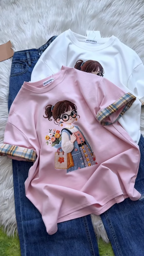 Embroidered Girl-Graphic Crew-Neck T-Shirt with Plaid Cuffed Sleeves - Photo 1