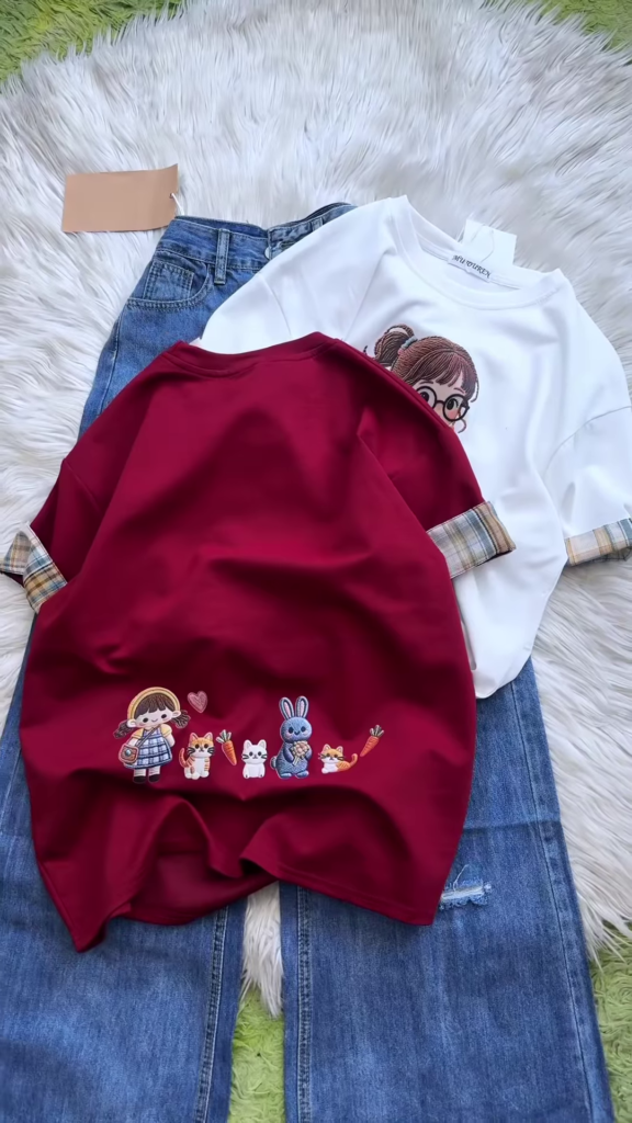 Embroidered Girl-Graphic Crew-Neck T-Shirt with Plaid Cuffed Sleeves - Photo 5