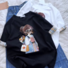 Embroidered Girl-Graphic Crew-Neck T-Shirt with Plaid Cuffed Sleeves