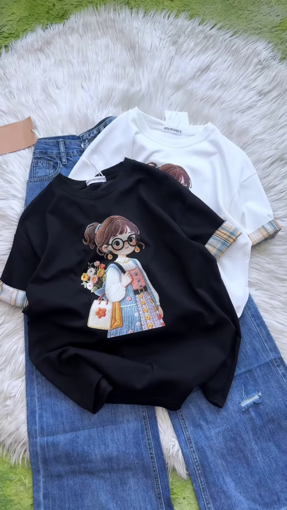 Embroidered Girl-Graphic Crew-Neck T-Shirt with Plaid Cuffed Sleeves - Photo 4