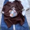 Embroidered Girl-Graphic Crew-Neck T-Shirt with Plaid Cuffed Sleeves