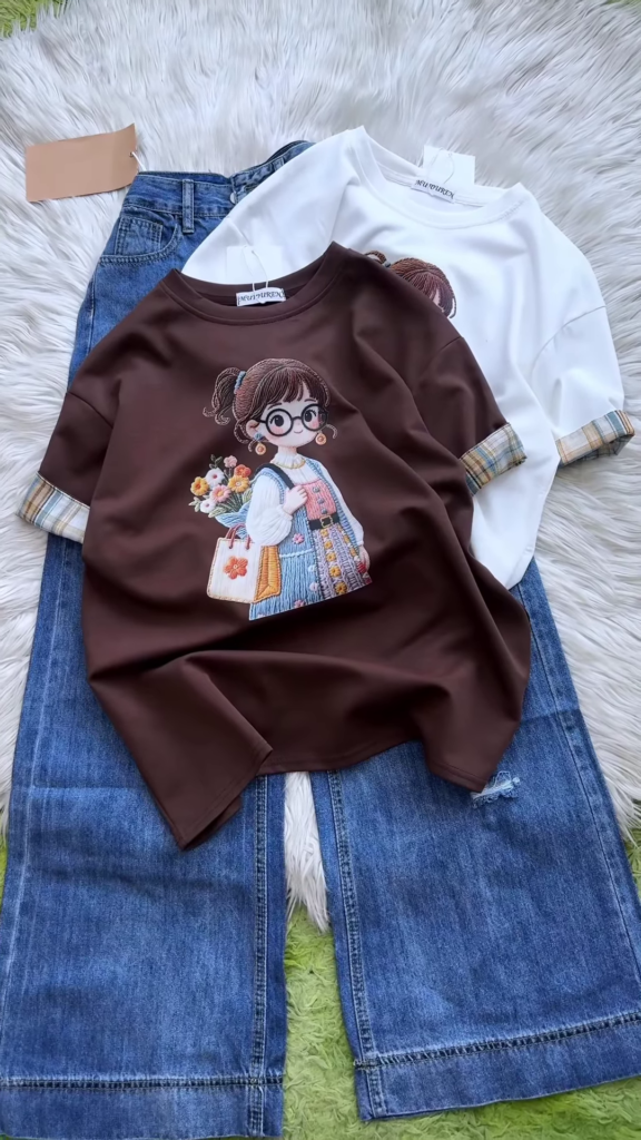 Embroidered Girl-Graphic Crew-Neck T-Shirt with Plaid Cuffed Sleeves - Photo 3